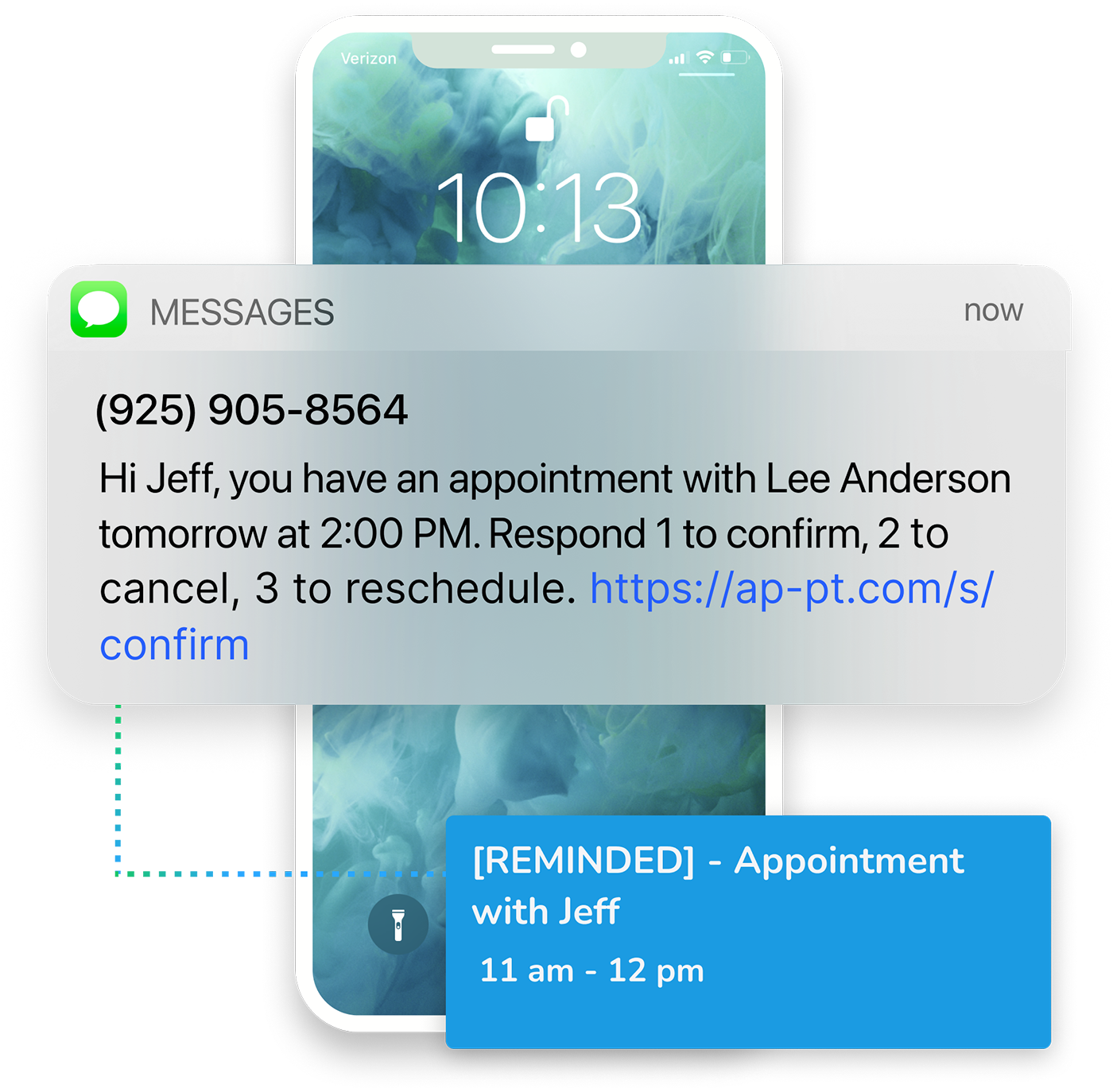 Text message appointment reminder with confirmation options and a business calendar event showing the appointment has been reminded.