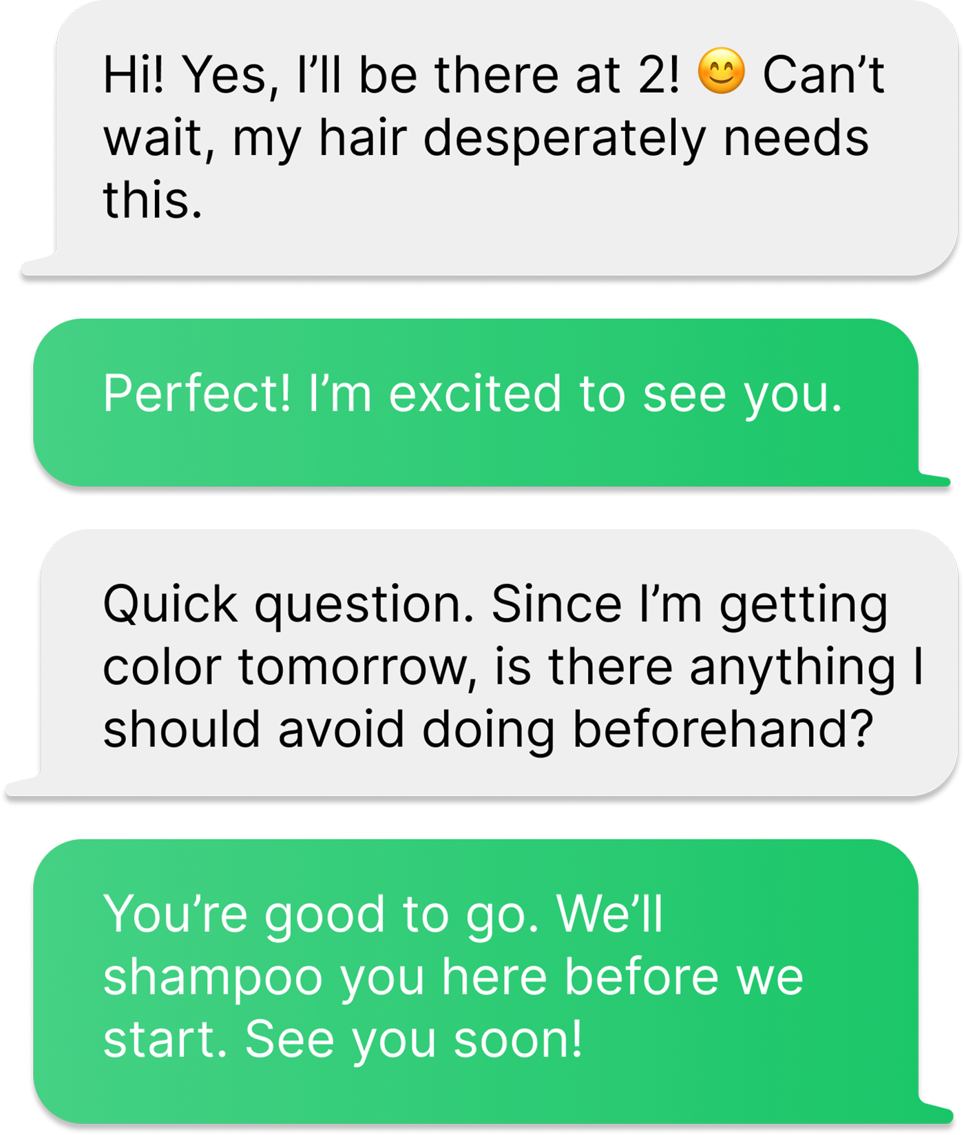 Two-way text messaging between business and client, reminding the client about their appointment and parking instructions.