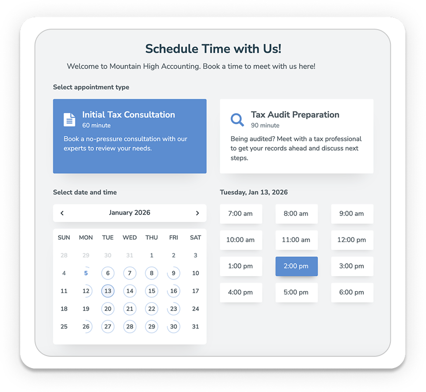 An online scheduling page for an accountant showing two appointment types and multiple available appointment slots.