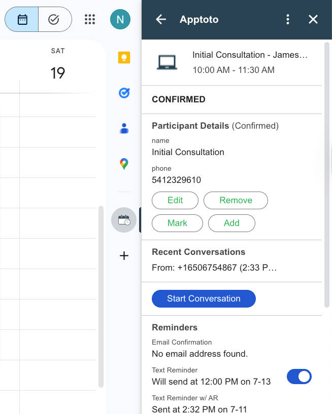 Apptoto Google Calendar add-on for managing reminders and client messages