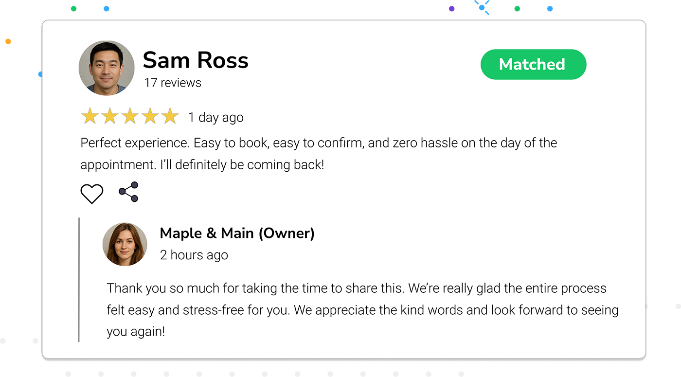 Published, public review showing that it matched a review collected by Apptoto, with a warm thank you written from the business owner to the client.