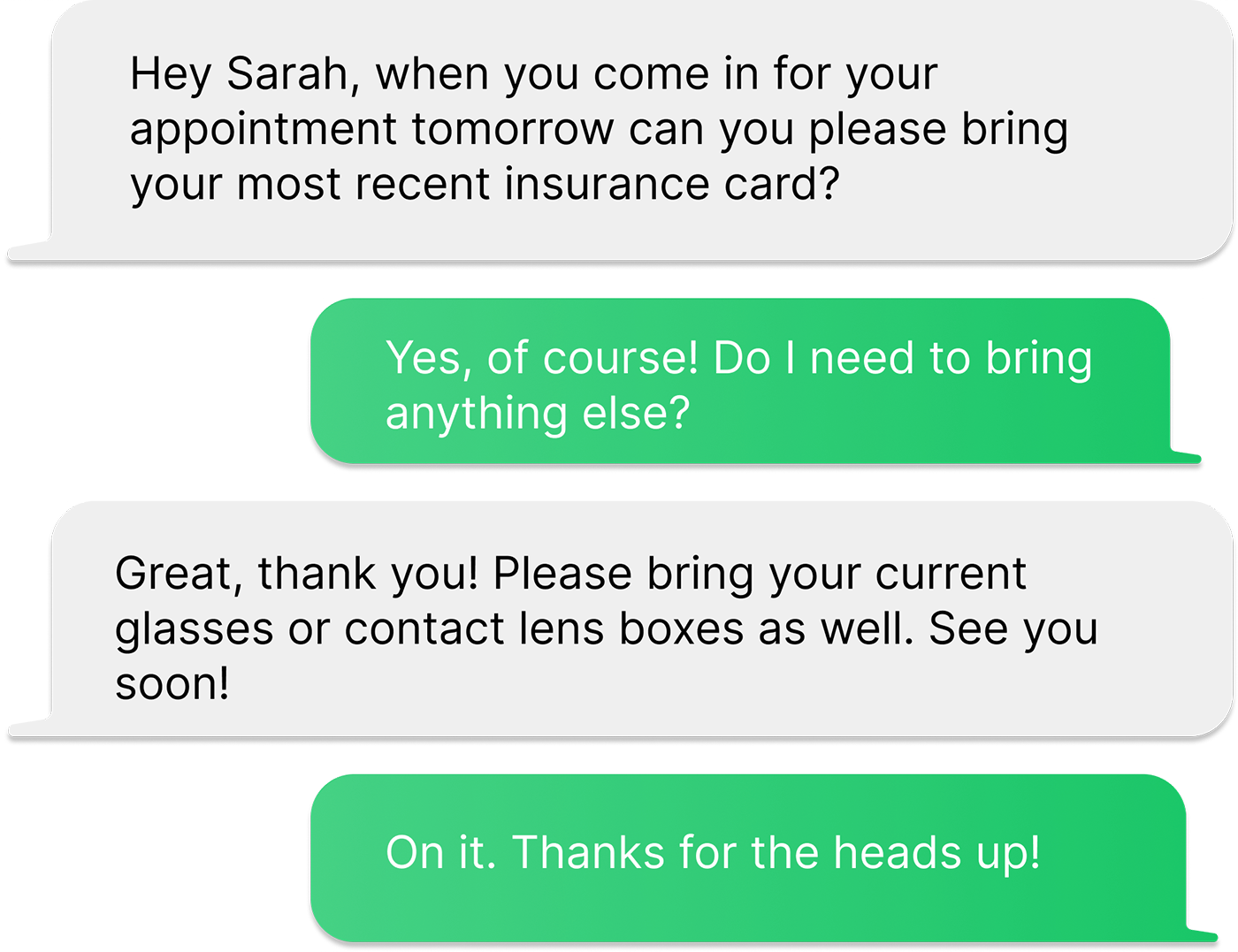 Apptoto two-way messaging conversation displaying real-time patient text conversations with eye clinic office staff