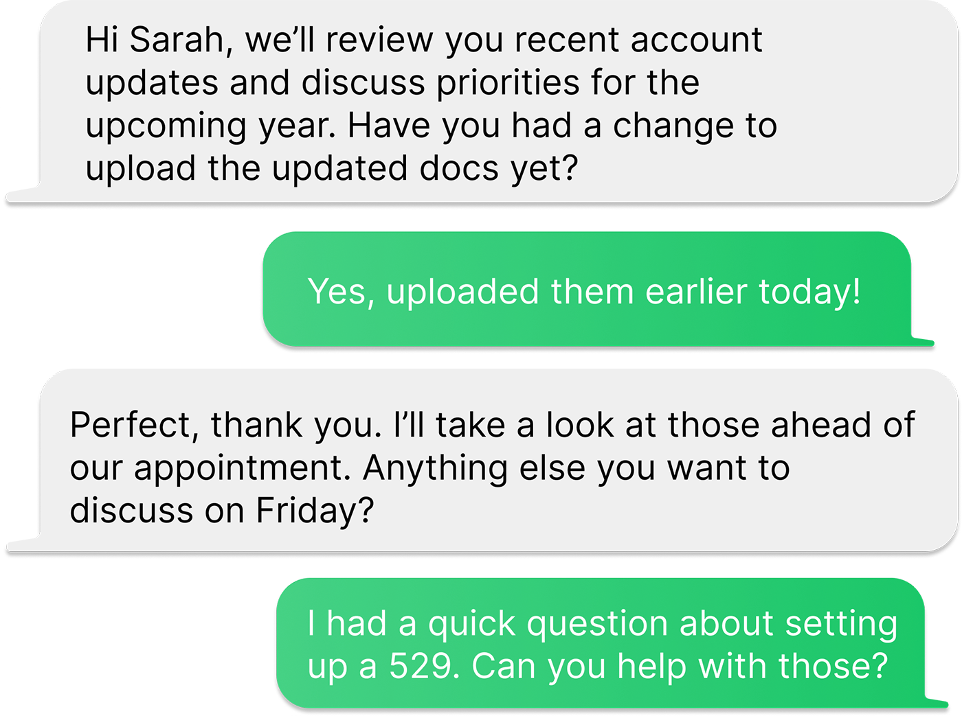 Client and financial advisor discussing an upcoming appointment, documents, and questions