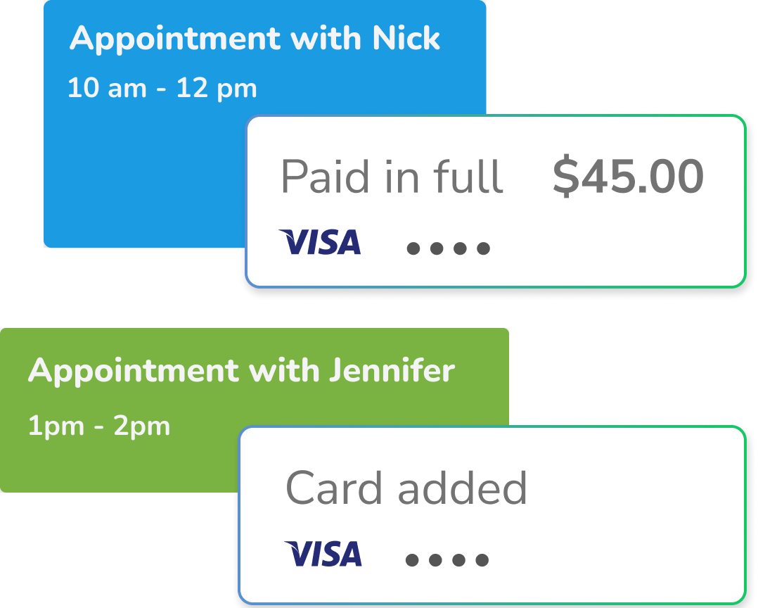 Two calendar appointment cards with their payment statuses listed, including a paid-in-full $45 charge and a saved Visa card added for upcoming appointments.