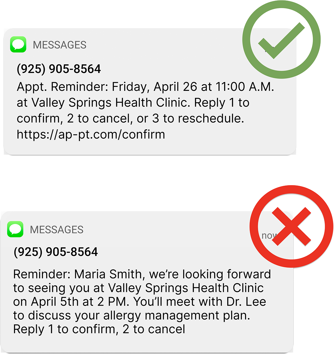 HIPAA-compliant appointment reminder examples vs. non-compliant appointment reminder
