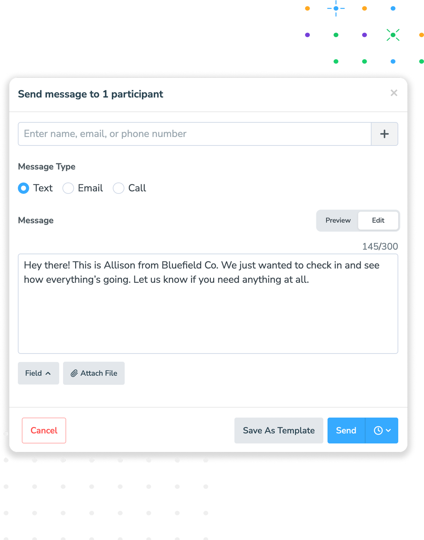 Compose window showing a business sending a text message to a client from Apptoto