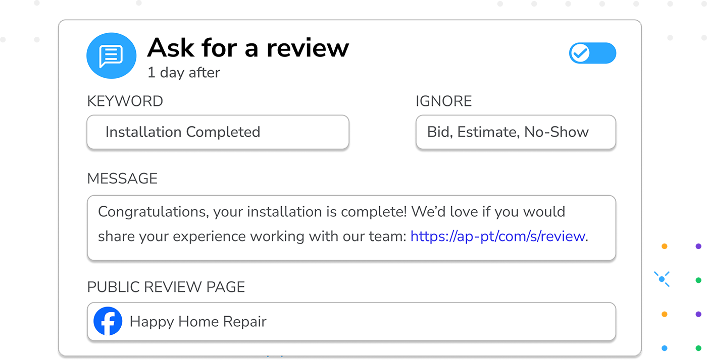 Review trigger configuration panel with filters for appointment type, provider, attendance status, and keyword targeting options.