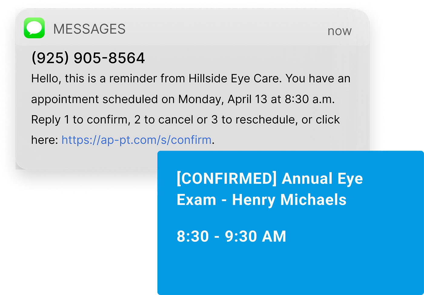 Apptoto SMS appointment reminder from Hillside Eye Care with patient confirmation for an annual eye exam