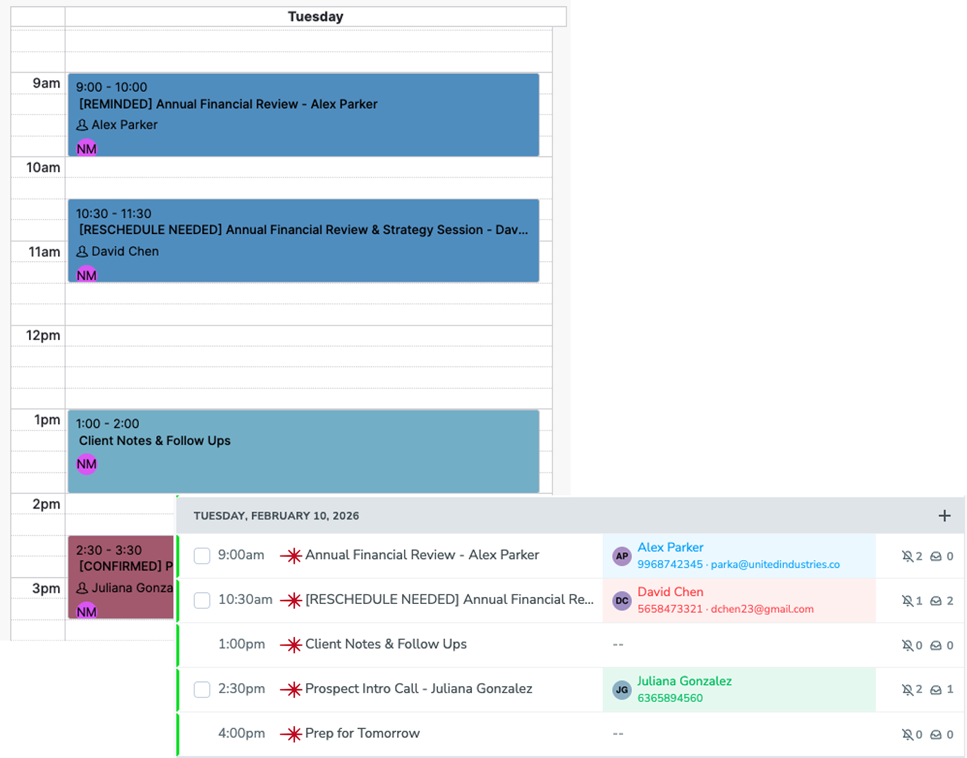Two-way calendar sync displaying appointments on both the Apptoto and Redtail calendars with up-to-date event details