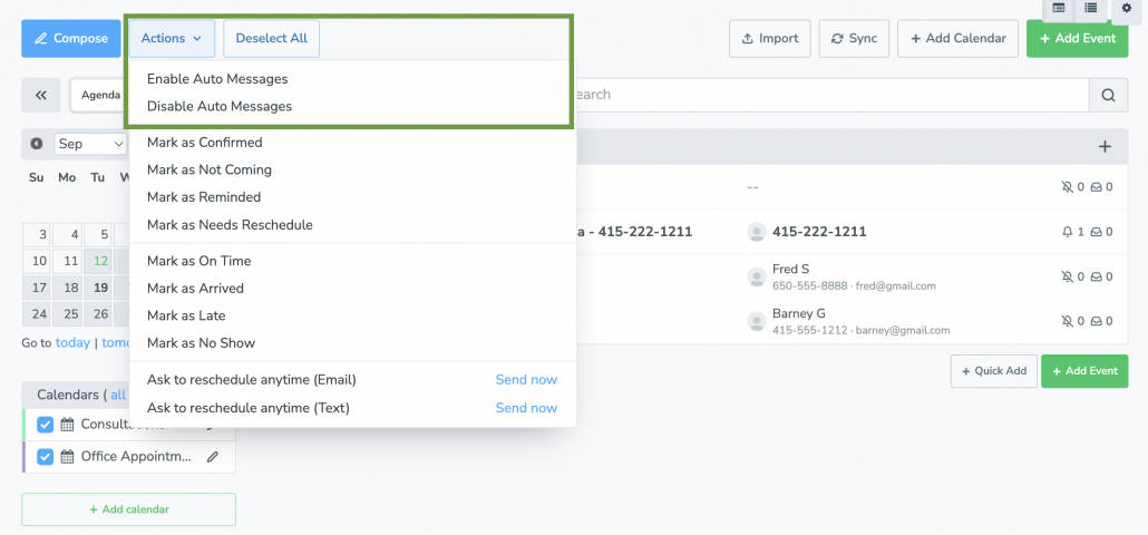 bulk select appointments and choose to enable/disable auto messaging