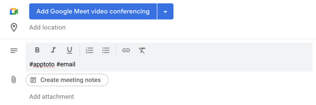 Using in-event commands to tell Apptoto to schedule text and email messages for a Google Calendar event