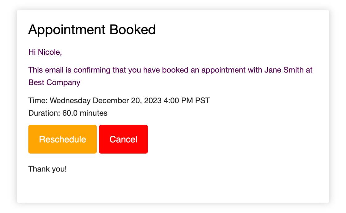 Appointment confirmation email providing date, time, and options to confirm or reschedule