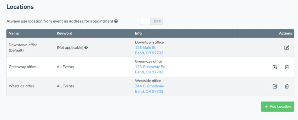 Using the Locations settings, you can create multiple locations and easily add them to calendar events