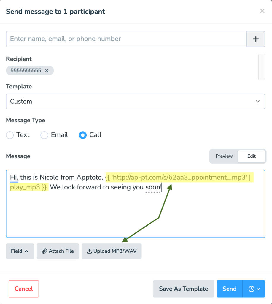 Apptoto voice call messages with MP3 uploaded in between text-to-speech content.