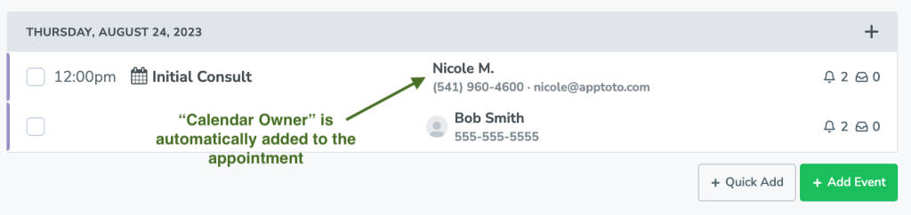 apptoto event with calendar owner automatically added