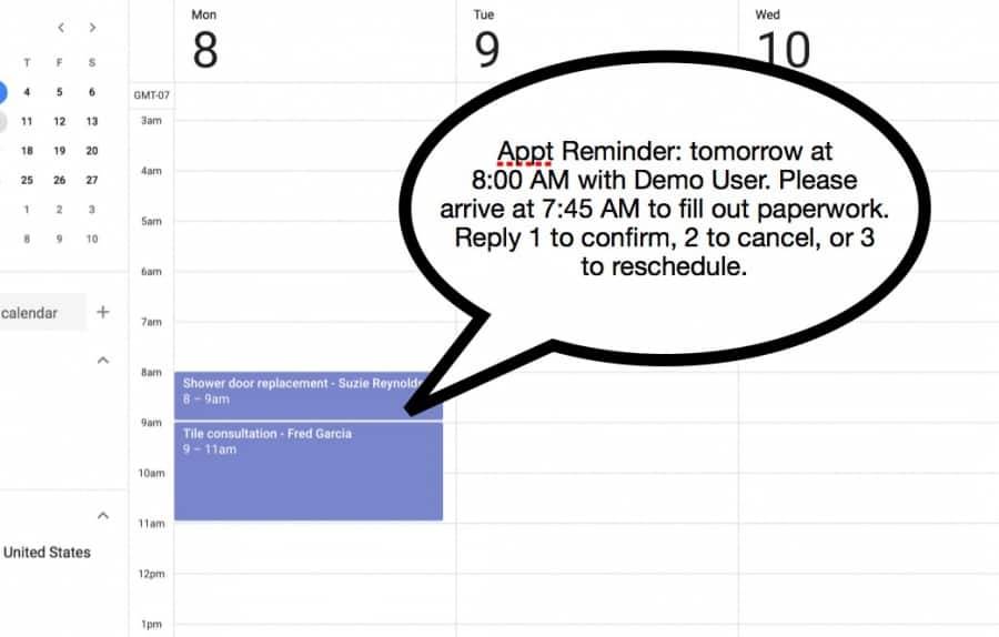 Text of appointment reminder with custom appointment reminder timing shown overlayed on google calendar