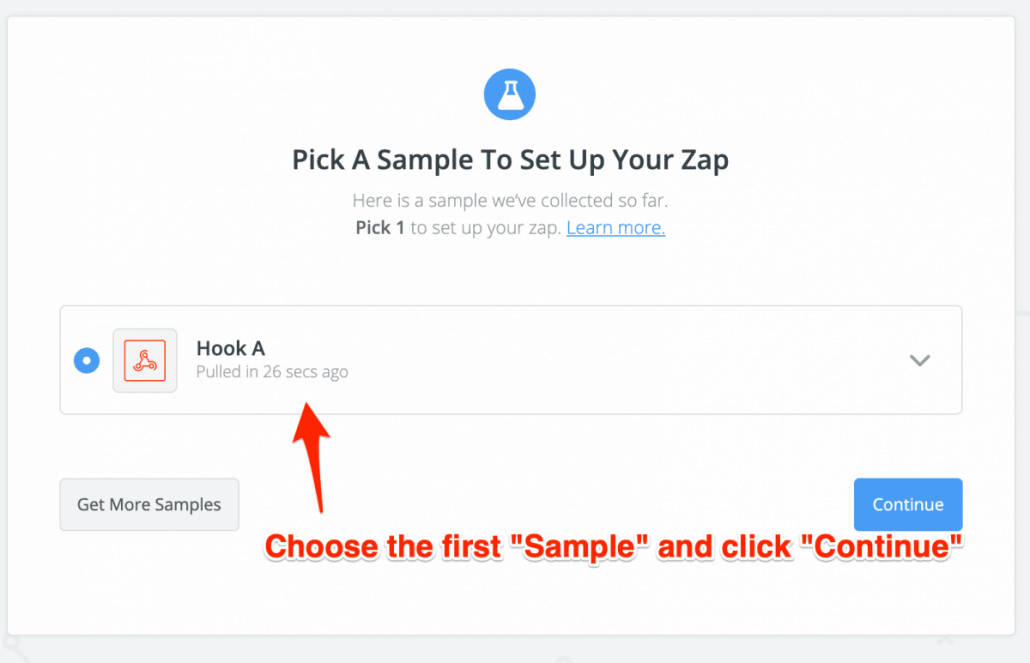 Pick a sample event in Zapier to finish setting up your Zap