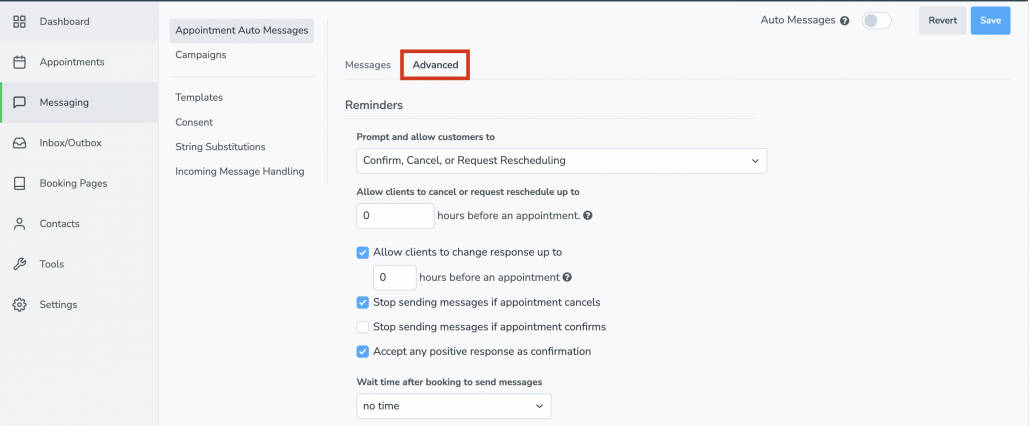 Advanced messaging settings in Apptoto