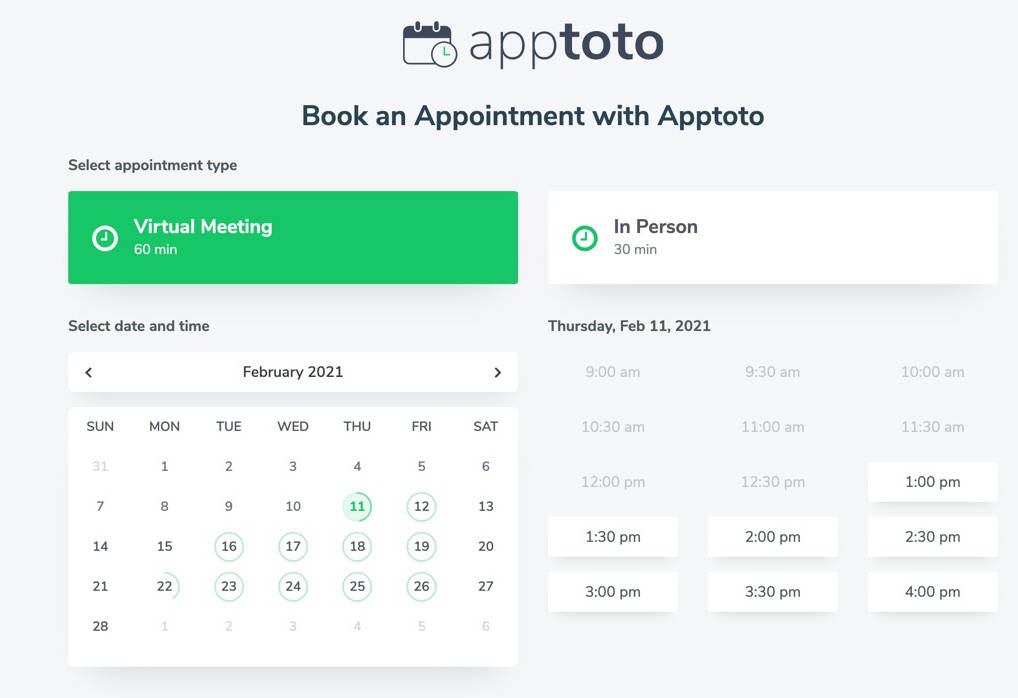 create booking pages that enable clients to choose from two or more appointment types