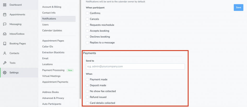 Enable payments notifications on the Settings>Notifications tab in Apptoto