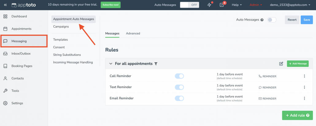 appointment auto messages tab in Apptoto