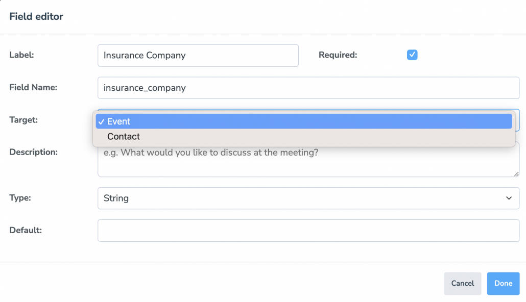 assign a custom field target to either an event or contact in Apptoto