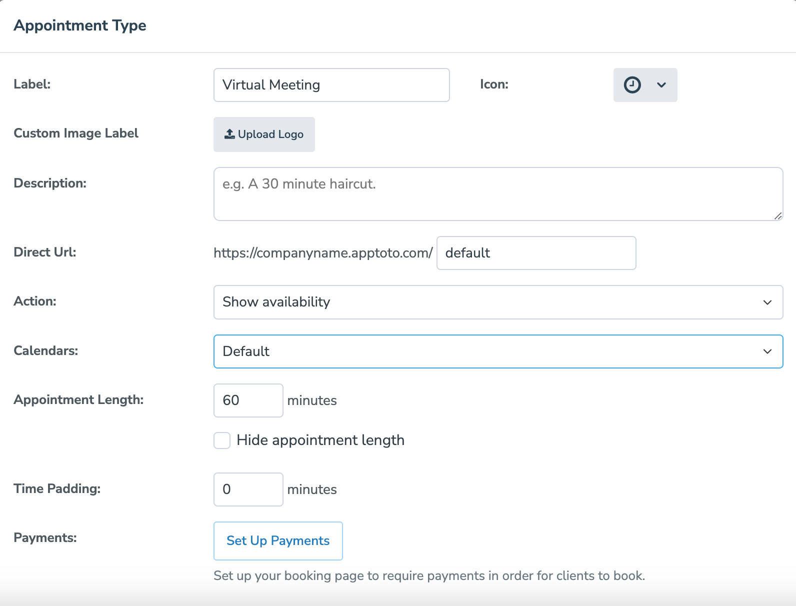 Settings for an individual appointment type when providing clients the option to select from multiple appointment types on your booking page