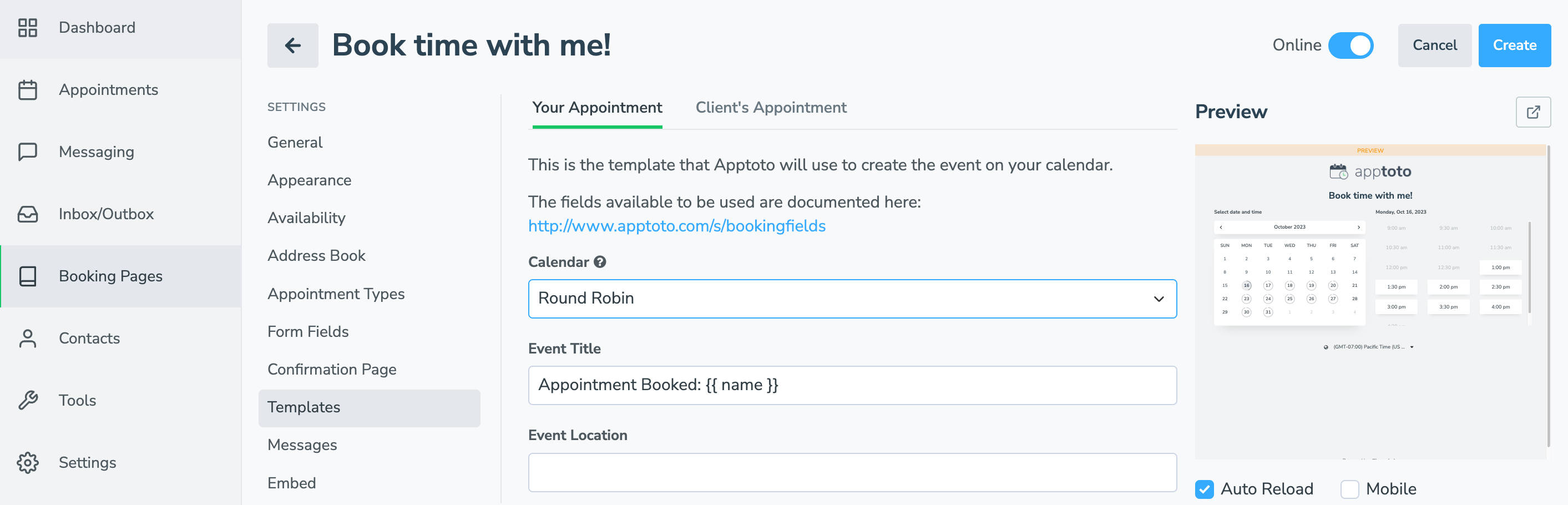 Control the template that Apptoto will use to create events on you and your client's calendars.