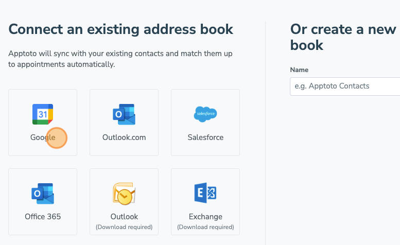 select which address book you'd like to sync to aptoto (examples: Google, outlook, salesforce)