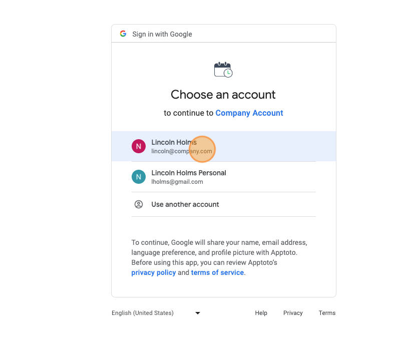 connecting a google account to address to allow apptoto access