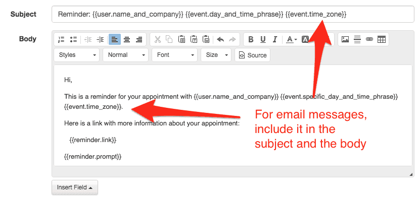 Insert time zones into Apptoto email appointment reminder messages using a {event.time_zone }}