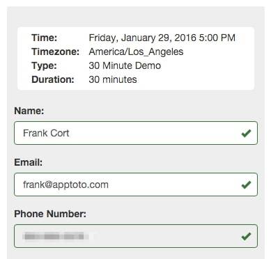 apptoto booking details filled out