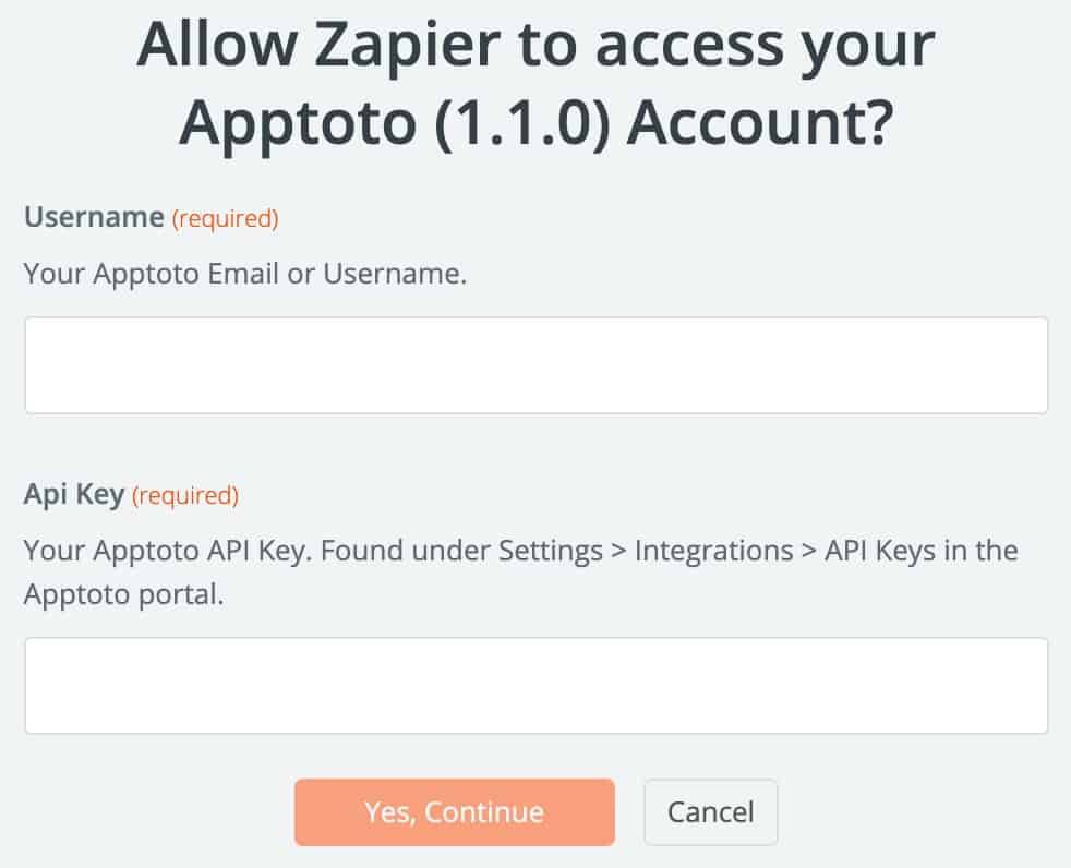 Apptoto Zapier connect