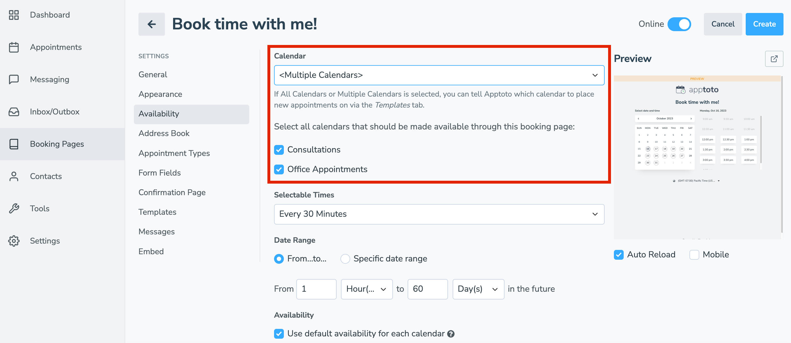 When using multiple calendars, click to include or remove calendars for availability purposes