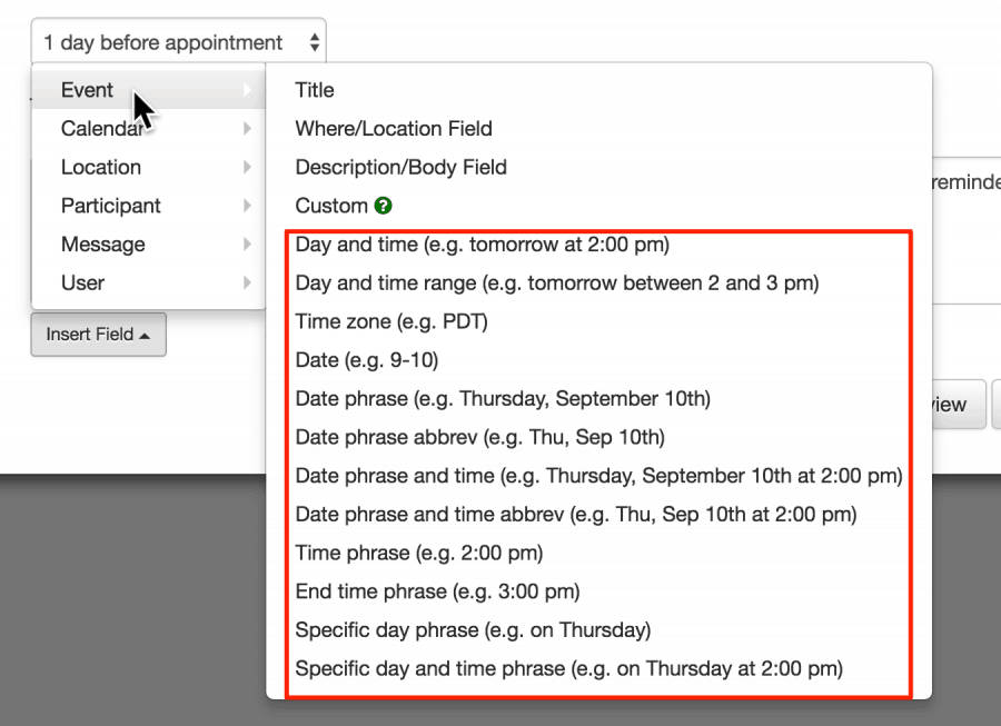 Timing event editor in Apptoto showing the list of date and time phrasing options available. 