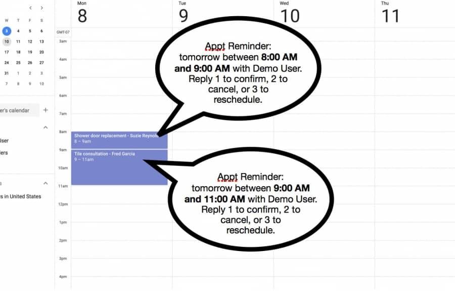 Apptoto appointment reminder with custom timing option showing a range of times when vendor will arrive at clients house.