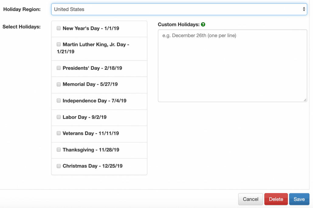 Check list for federal holidays