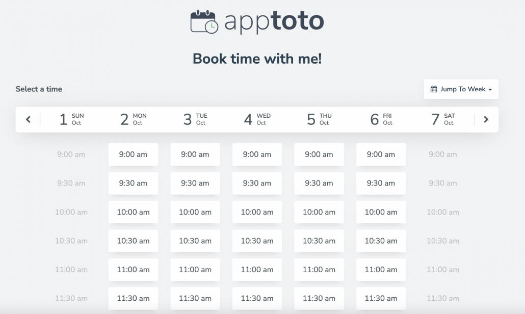 Apptoto booking page week view