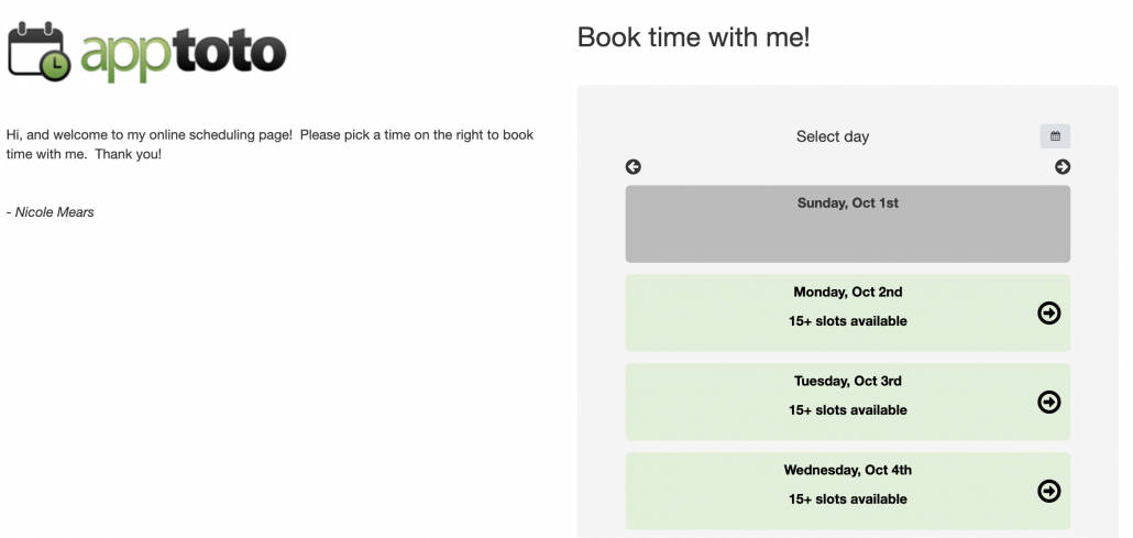 Apptoto booking page layout legacy two column even