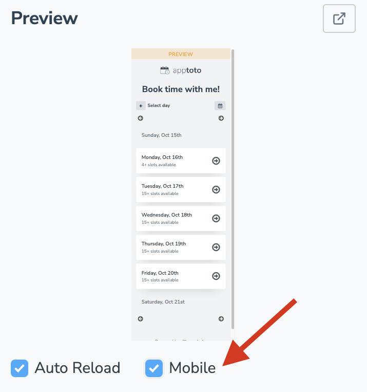 Preview how your mobile booking page will appear in Apptoto