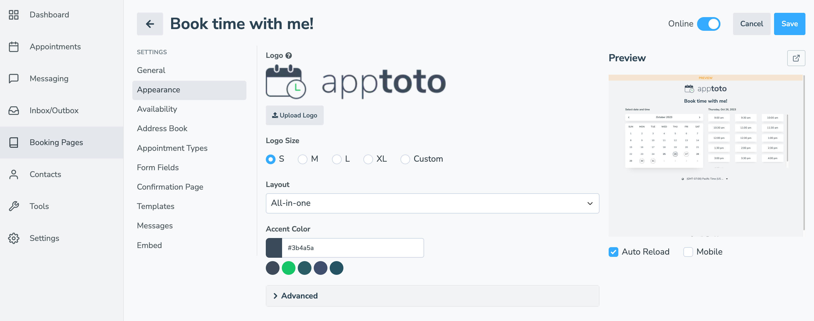 customize Apptoto booking pages' appearance