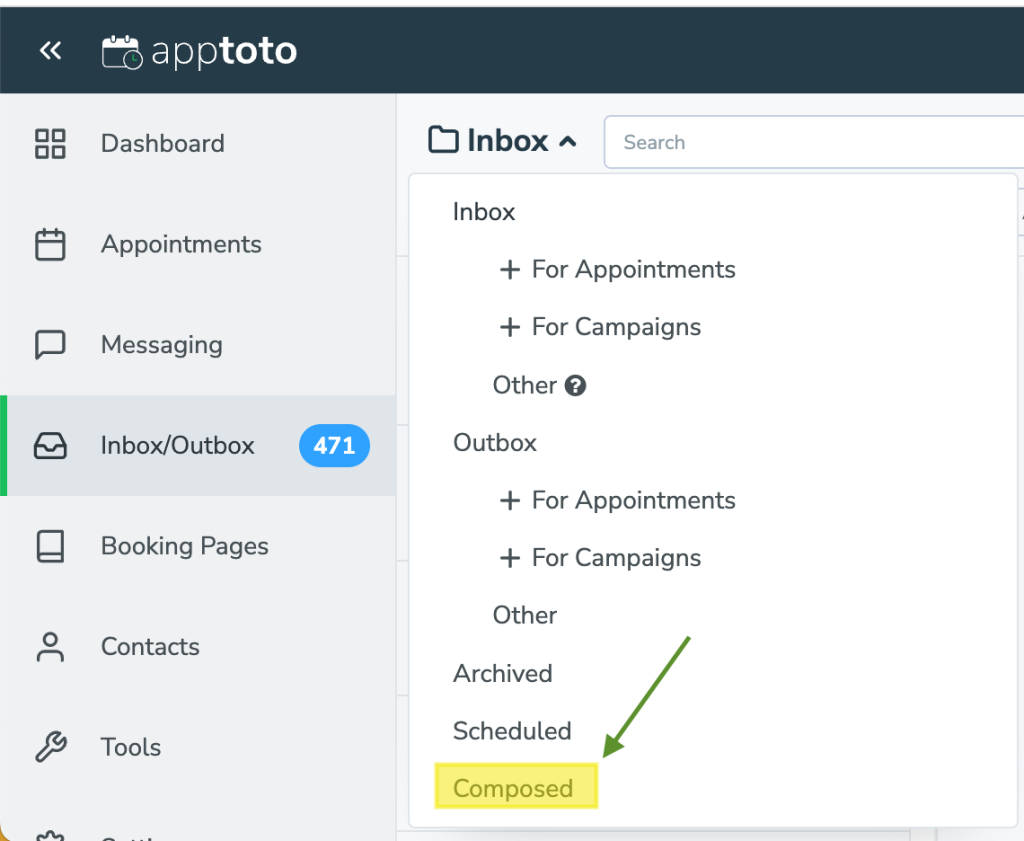 view older bulk messages using "compose to all" in Apptoto inbox/outbox tab