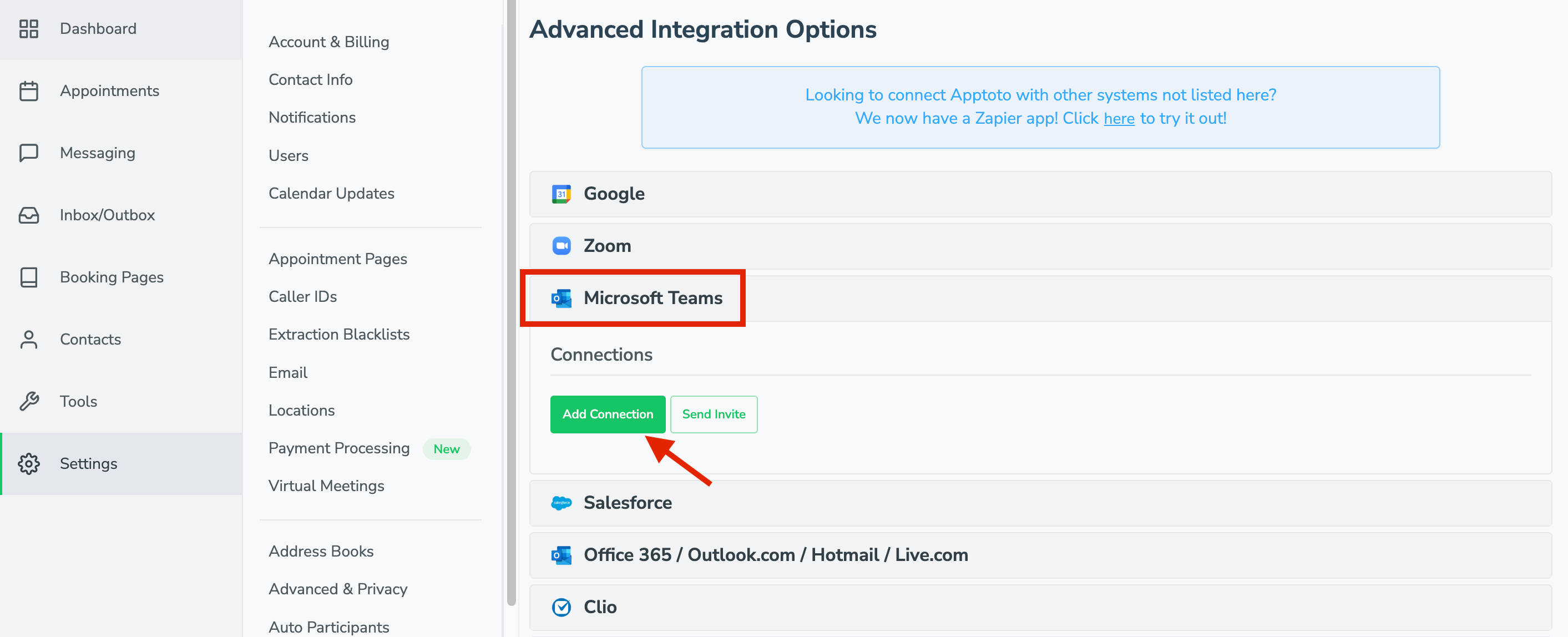 Link your Microsoft Teams to Apptoto to have the platform automatically create virtual meeting links for you. 