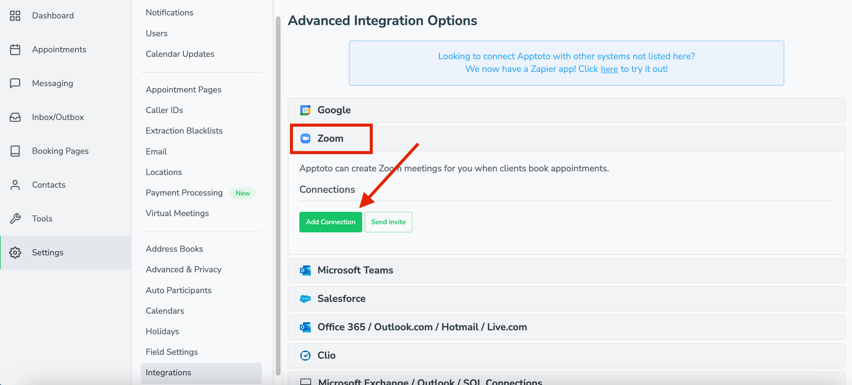 Link your Zoom to Apptoto to have the platform automatically create virtual meeting links for you. 