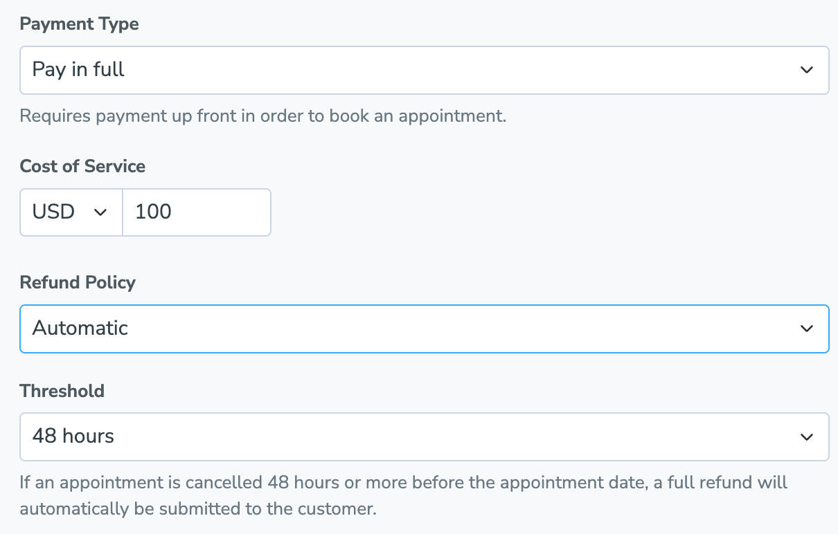 Set a cost of service when using the Pay In Full booking page payment requirement.