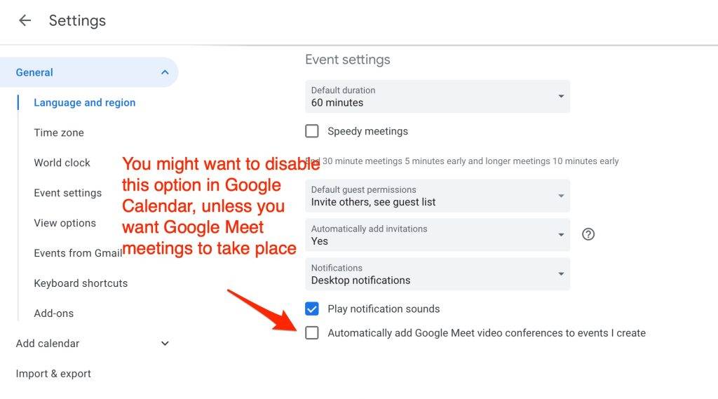 Disable "Google Meet" video in Google Calendar settings