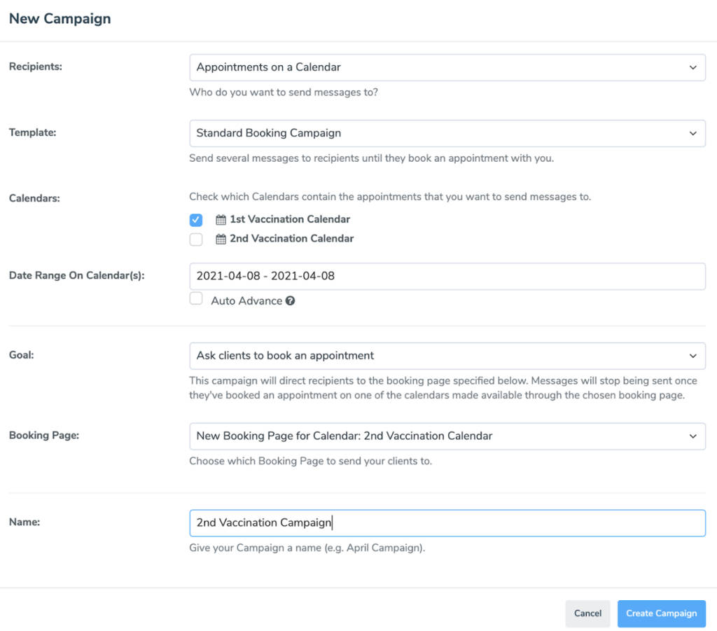 Apptoto platform screenshot showing booking campaign set to request patients book their second vaccination.