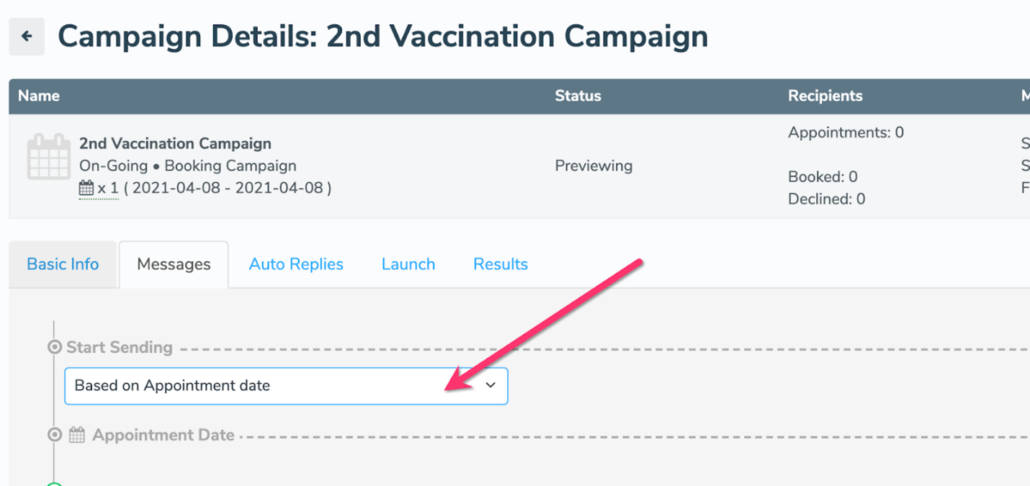 Apptoto Campaign screenshot showing how to set follow-up messages to be sent based on original appointment date