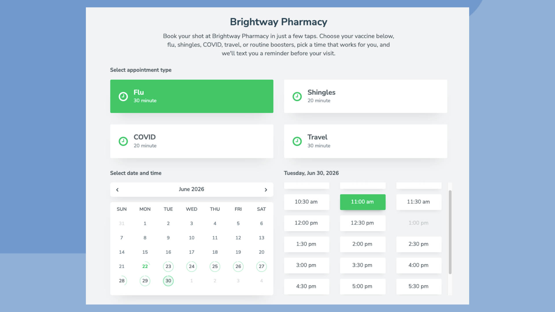 Booking page with open slots for booking a patient's vaccination appointment.