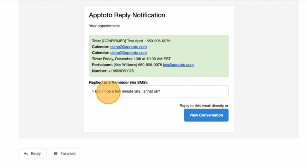 Business responds to client message about appointment reminder